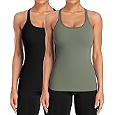 ATTRACO 2 Pack Ribbed Workout Tank Top with Built in Bra for Women Tight Fit Seamless Yoga Top