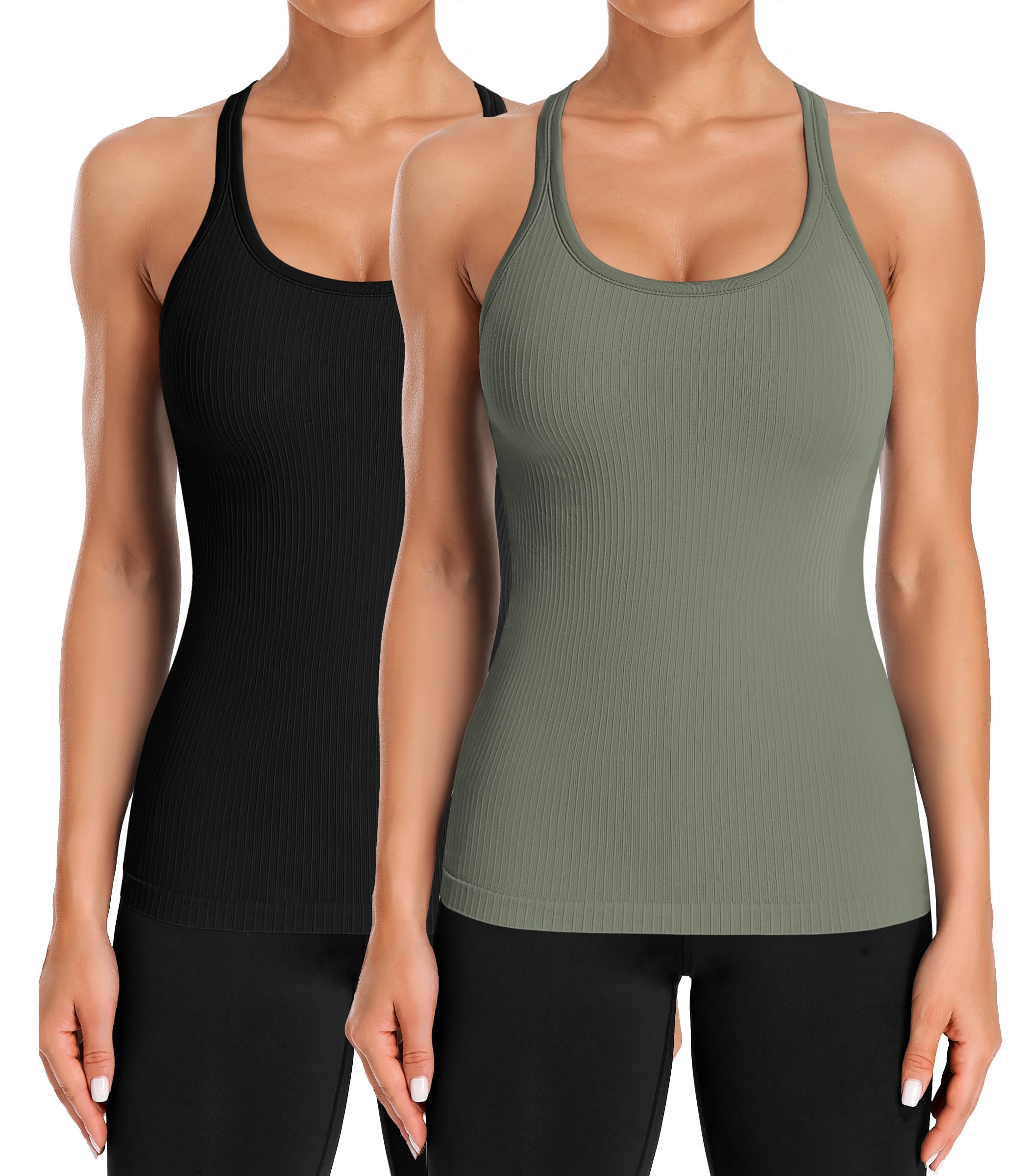 Photo 1 of **STAINED** ATTRACO 2 Piece Workout Tank Tops for Women Built in Bra Tight Fit Yoga Racerback Tank Gym Tops L Black/Army Green