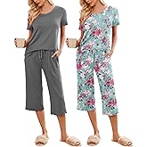 Ekouaer 2 Pack: Women's Pajamas Set Short Sleeve Sleepwear Capri Pants Pjs Soft Loungewear with Pockets