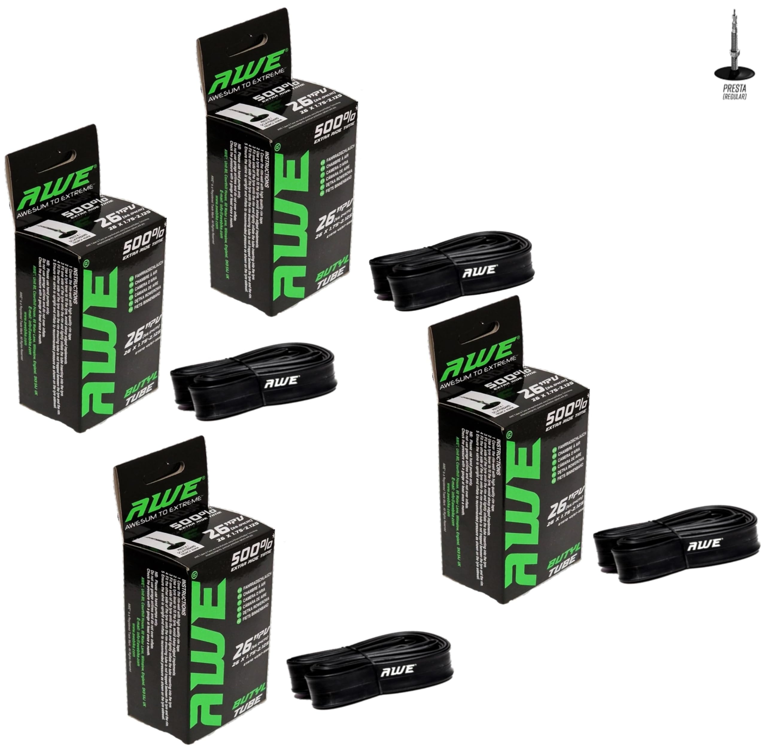 4 x AWE E-Bike/Bike Butyl Rubber 26 Inch Inner Tubes 500%* Extra Ride Time to fit 26"x 1.75-2.125 with Presta Valves
