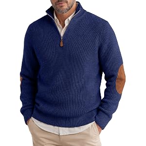 JMIERR Men's Waffle Knit Sweater Pullover Quarter Zip Suede Patch | Suede Elbow Patches, Soft Stretch Knit, Business Casual S