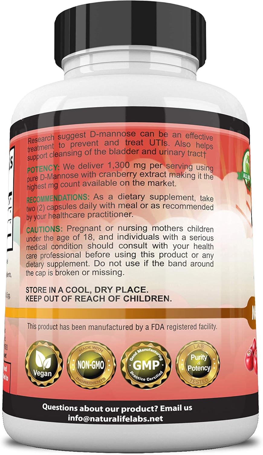 D-Mannose 1,300 mg with Cranberry Extract Fast-Acting, Flush Impurities, Natural Urinary Tract Health- 100 Veggie Capsules: Health & Personal Care