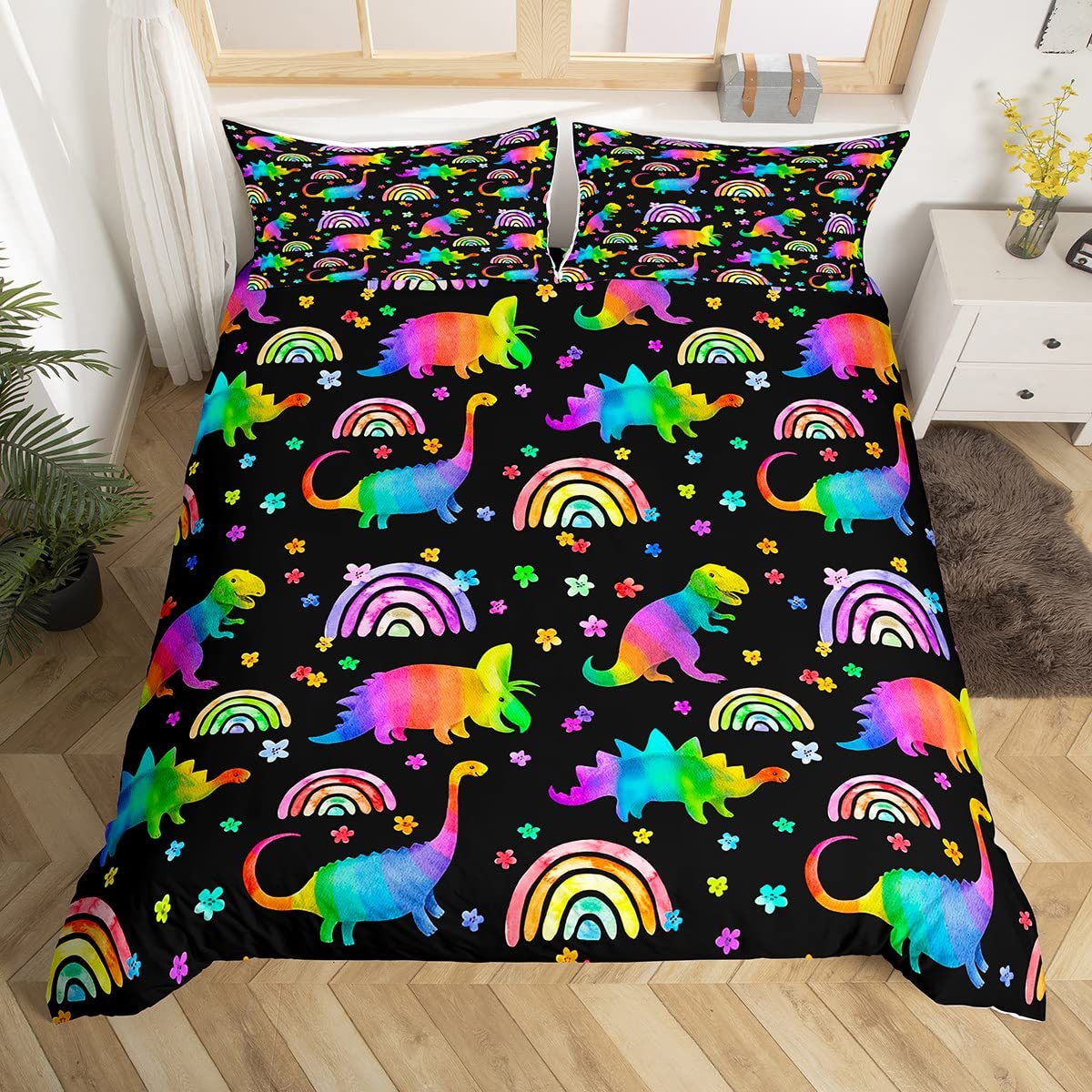 feelingyou Rainbow Dinosaur Duvet Cover Set Double Size,Cartoon Cute Dino Wild Animal Comforter Cover with 2 Pillowcases,Watercolor Flowers Floral Bedding Set for Girls Teens Present, Soft Microfiber — image 1