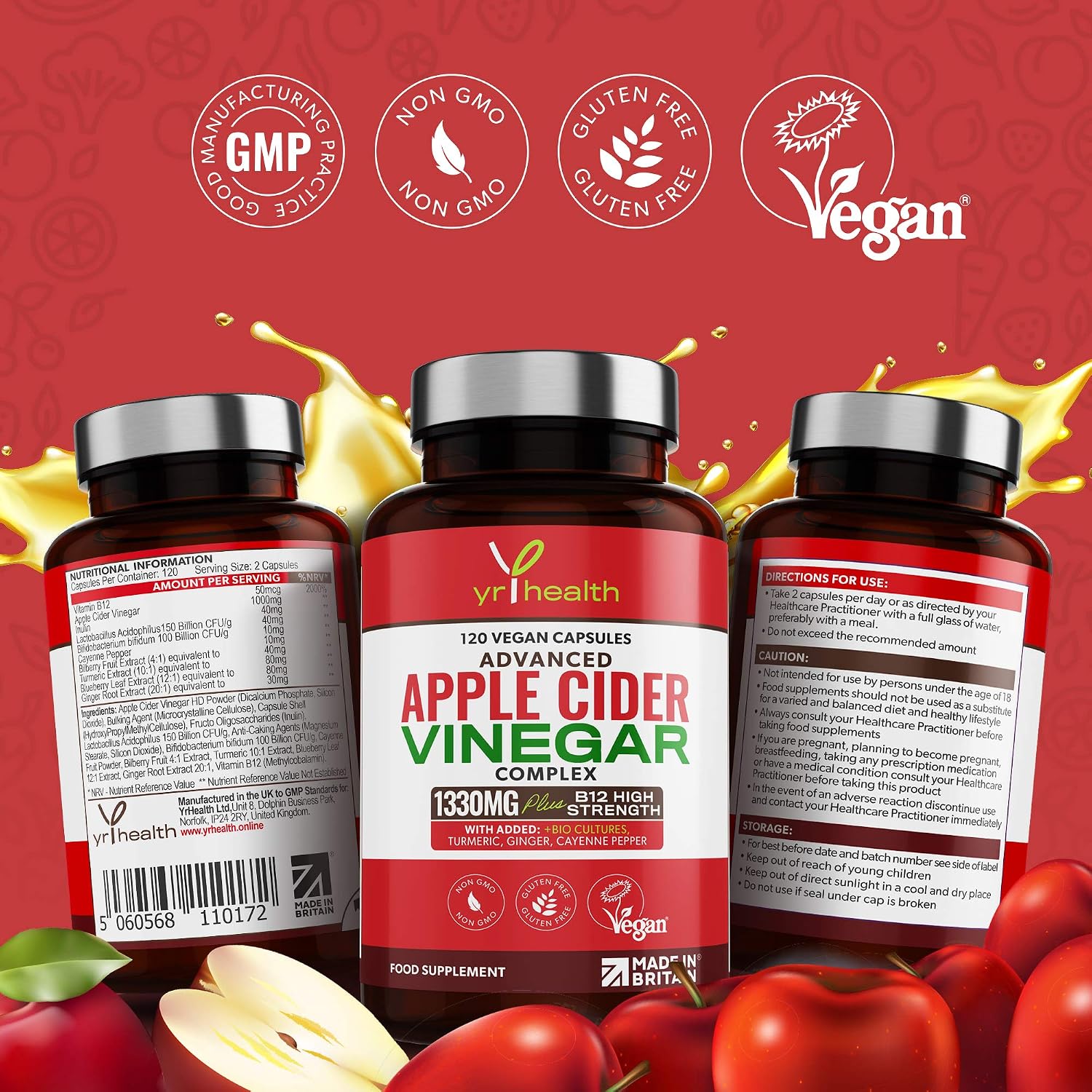 Apple Cider Vinegar Capsules Max Strength with Cayenne Pepper, Bio-Cultures, Turmeric, Ginger, Vitamin B12, 1330mg - Image 5
