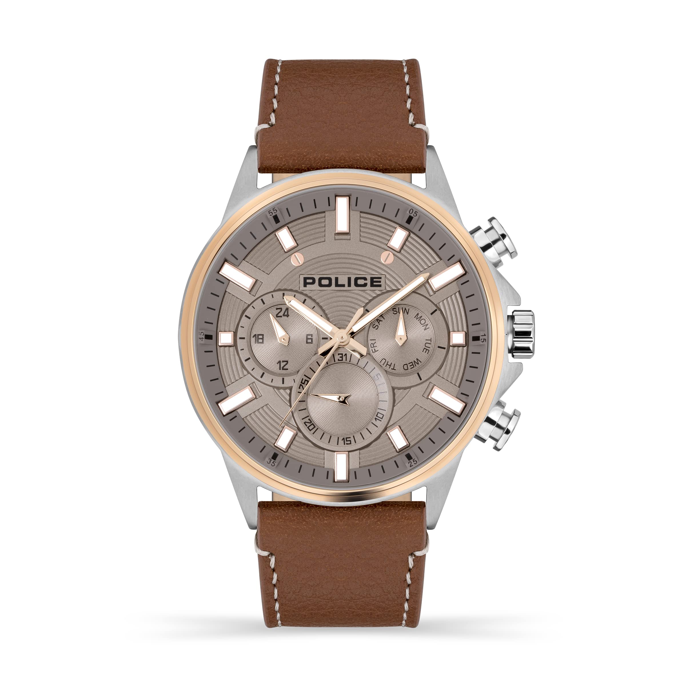 Police Kismet Mens Multifunction Watch with Warm Grey Dial and Tan Brown Leather Strap, 47mm Stainless Steel Case in Branded Watch Box PEWJF2195142-2 Year Warranty