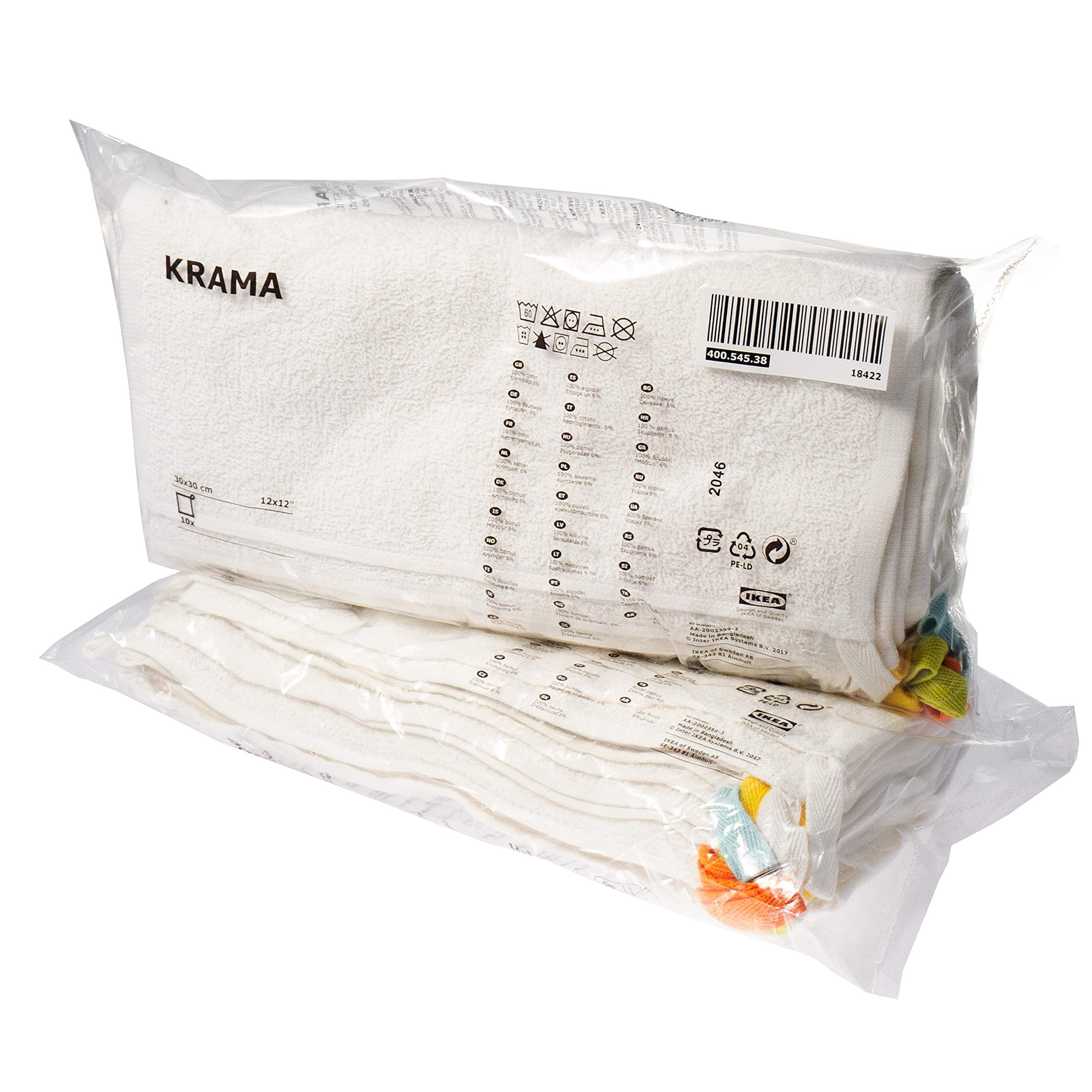 Ikea Krama Square Washcloths/Flannels, White, 30x30 Centimetres, 100% Cotton - Set of 20 (2 x 10)