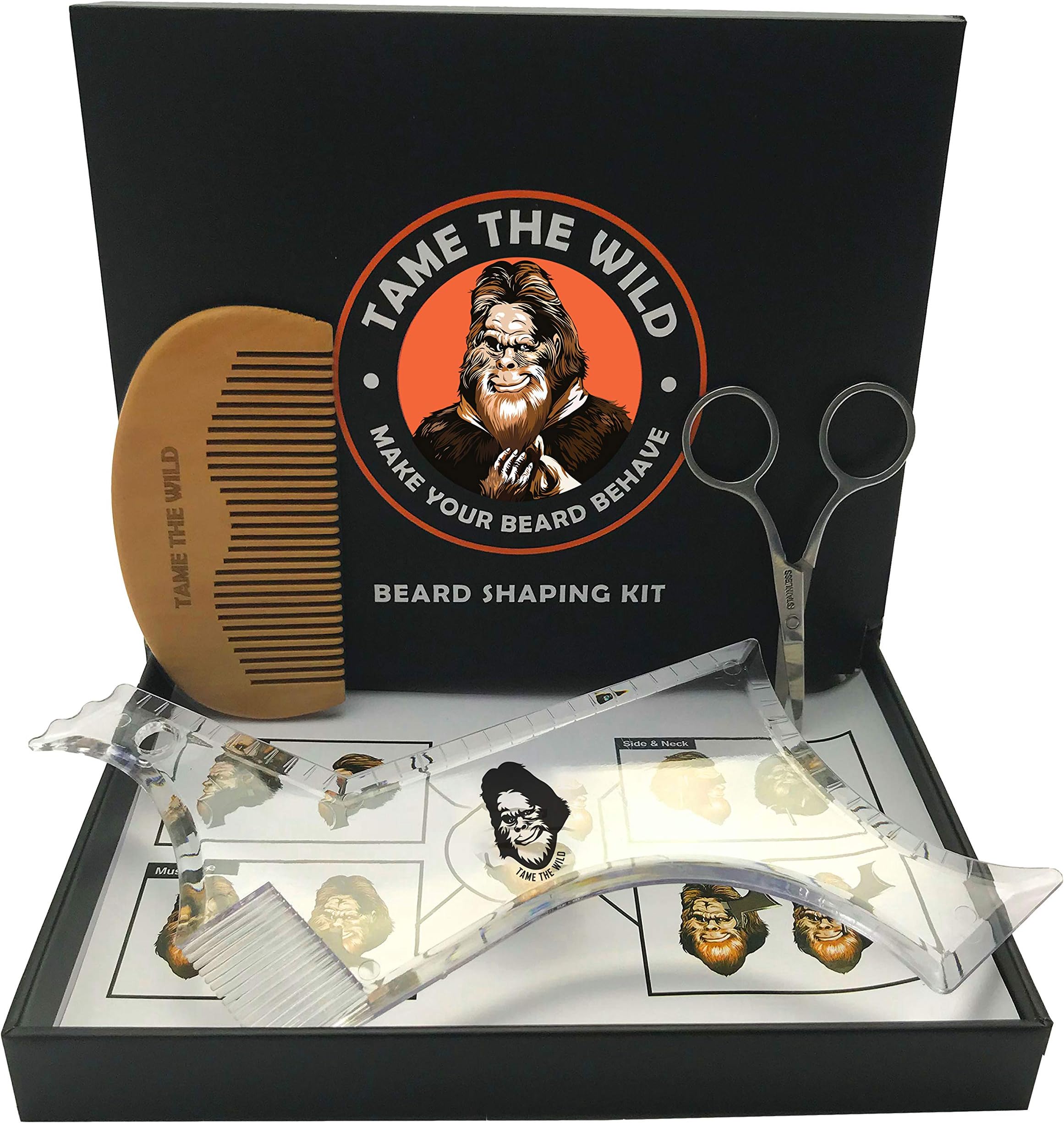 Tame’s Deluxe Beard Shaper Kit - For Well Groomed Men - Beard Shaping Tool for Precise Styling - Natural Pear Wood Comb for Proper Grooming - Pointy Scissors for Accurate Cuts - Storage Gift Box