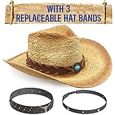 Funcredible Straw Cowboy Hat for Women - Straw Cowgirl Hat - Vintage Cowboy Hat with 3 Replaceable Hat Bands