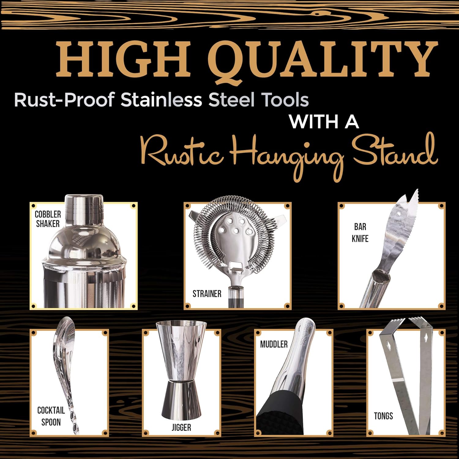 Highball & Chaser Rustic Hanging Bartender Kit 25oz Cocktail Shaker Bar Set For Home Bars, Bar Carts and Drink Making. Bar Tools and Barware for Entertaining (Silver): Kitchen & Dining