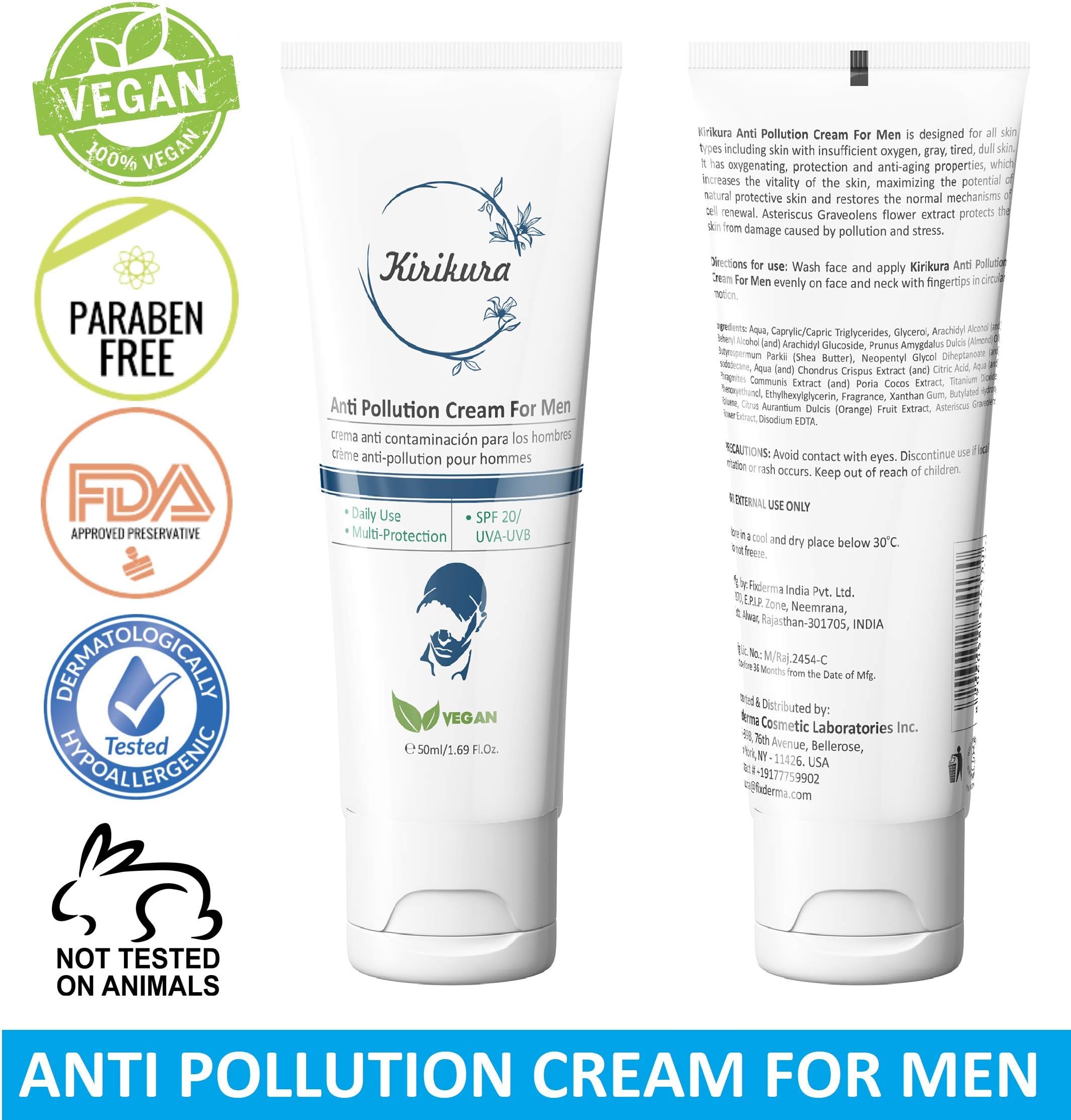 Vegan Anti Pollution Cream for Men, Anti-Ageing, Vitamin E for Anti-Pollution, Fine Lines, Wrinkles, SPF 20, UVA-UVB.