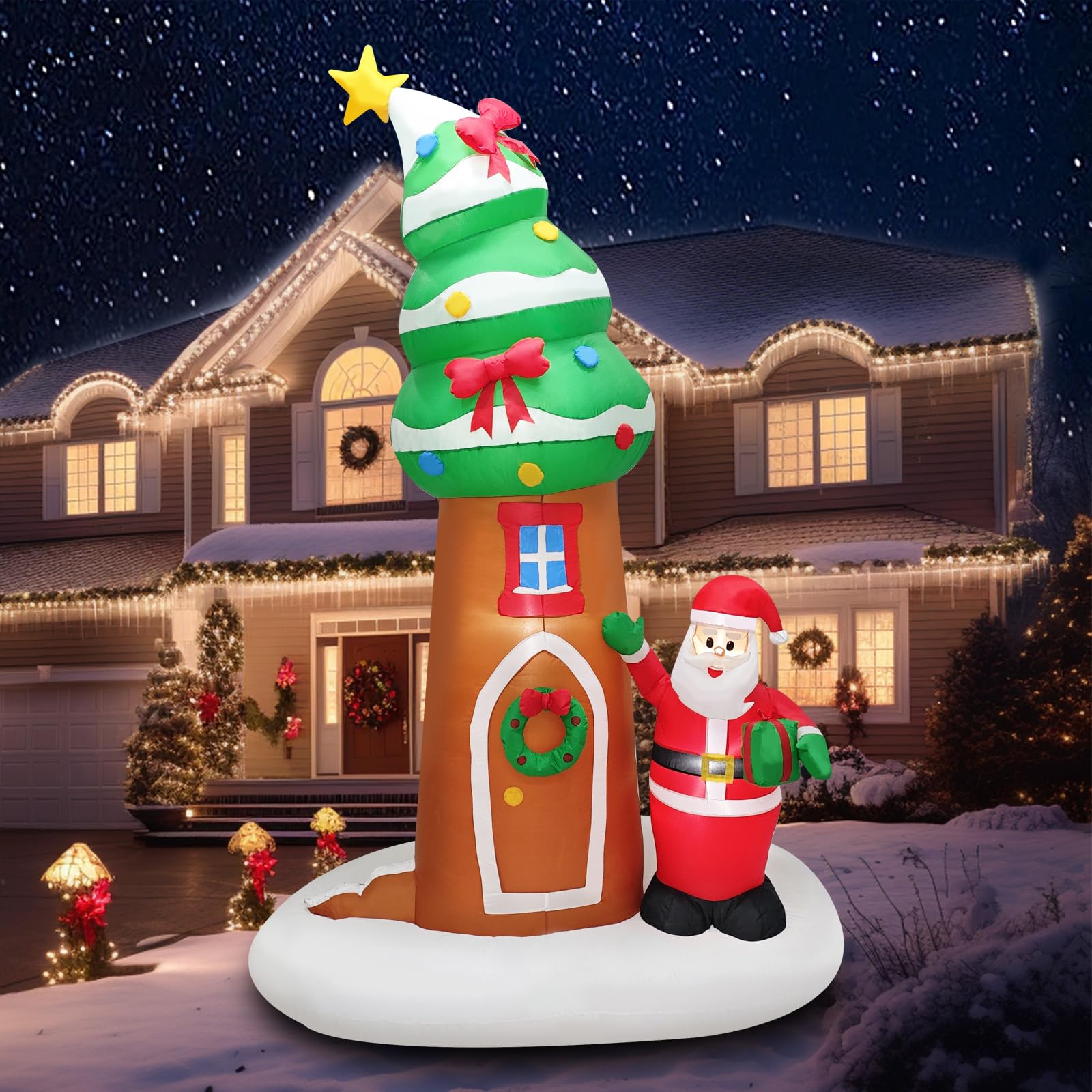Photo 1 of 9FT Inflatable Christmas Tree with Santa Claus Blow Up Xmas Tree House with Wreath for Outdoor Decoration Holiday, Winter Festival Display, Yard, Lawn, Garden, Porch Decor Display Party Décor