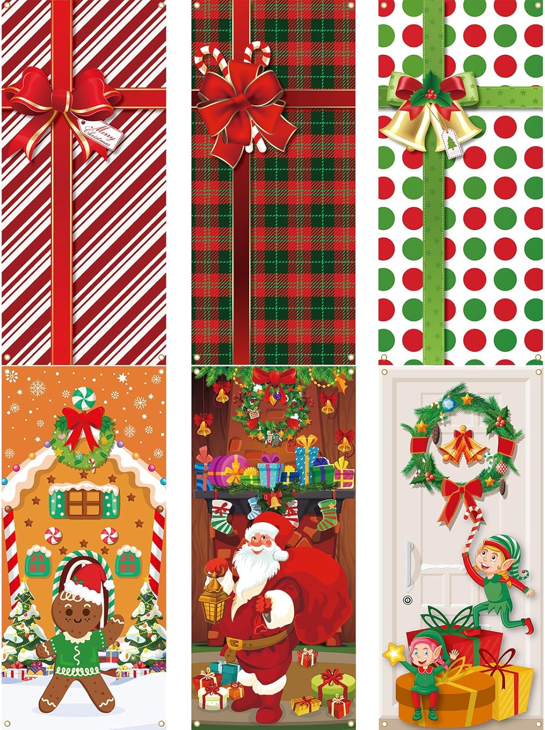 Garage Door Decorations - Preboun 6 Piece Christmas Door Cover Decoration Christmas Door Decorations House Window Door Cover Santa Elves Gingerbread Christmas Outdoor Sign for Home Wall Indoor Outdoor Party Decorations