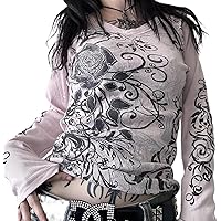 00’s archive graphic long sleeve y2k Women Y2K Gothic Graphic Print Long Sleeve Tops Grunge Crew Neck