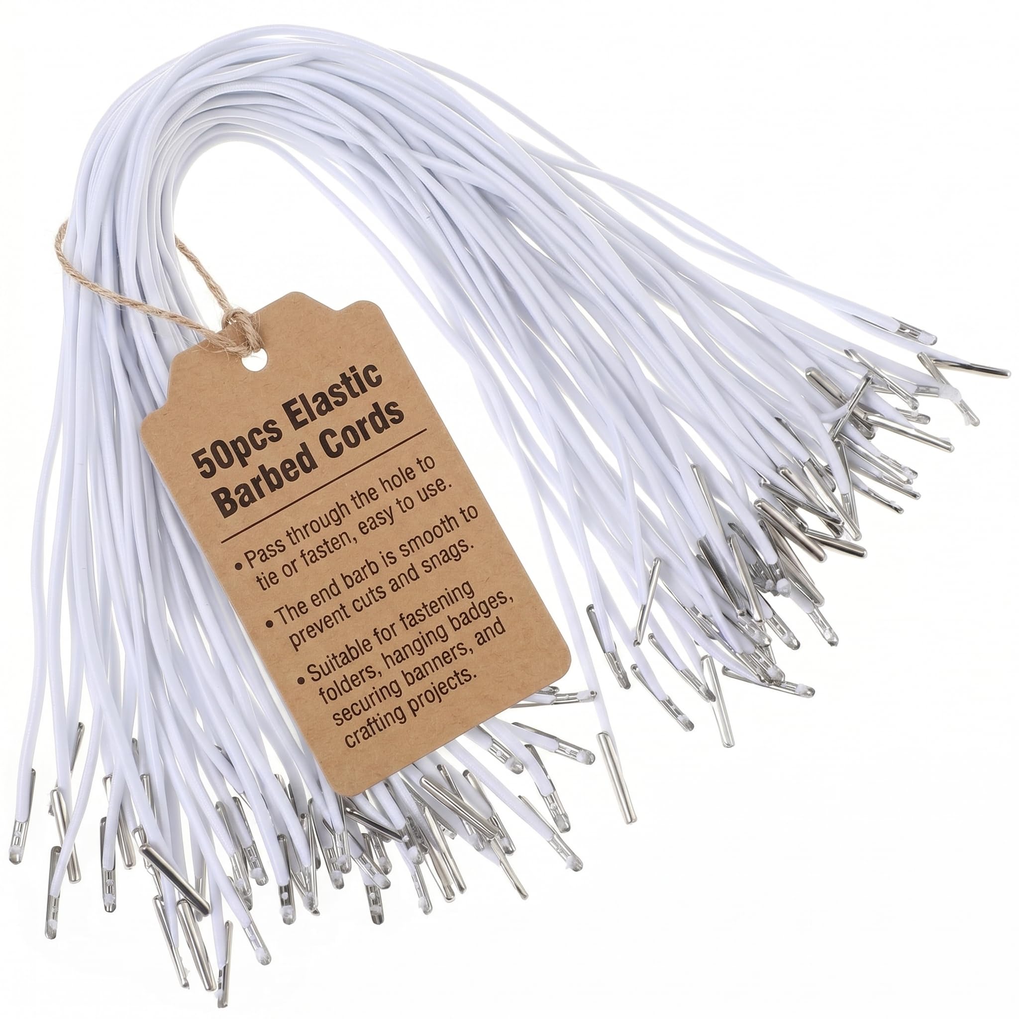 FOMIYES Elastic Loop Stretch Round String with Metal Barbs - 50pcs White Elastic Barbed Fastener for Masks Making, Book Binding, Crafting