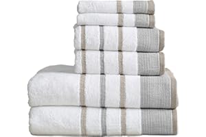 Great Bay Home 6-Piece Luxury Hotel/Spa Cotton Striped Towel Set, 500 GSM. Includes Bath Towels, Hand Towels and Washcloths. Noelle Collection by Brand. (Glacier Grey/Capuccino)