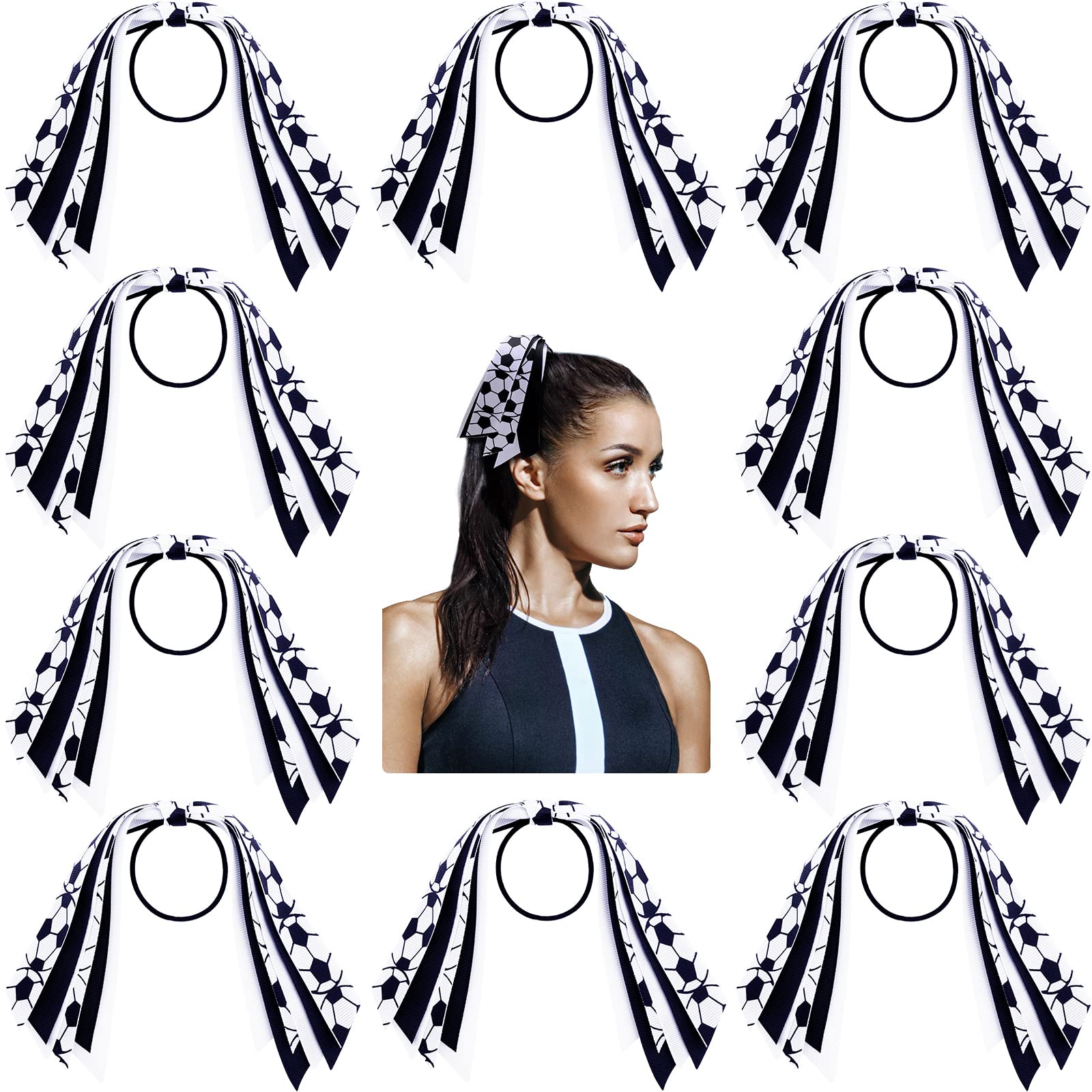 Photo 1 of MTLEE Soccer Hair Ties, 10 Pieces - Hair Scrunchies with Ribbon, Ponytail Holders for Girls Women Players, Football Pattern, Elastic Design - Ideal Football Birthday Party Supplies