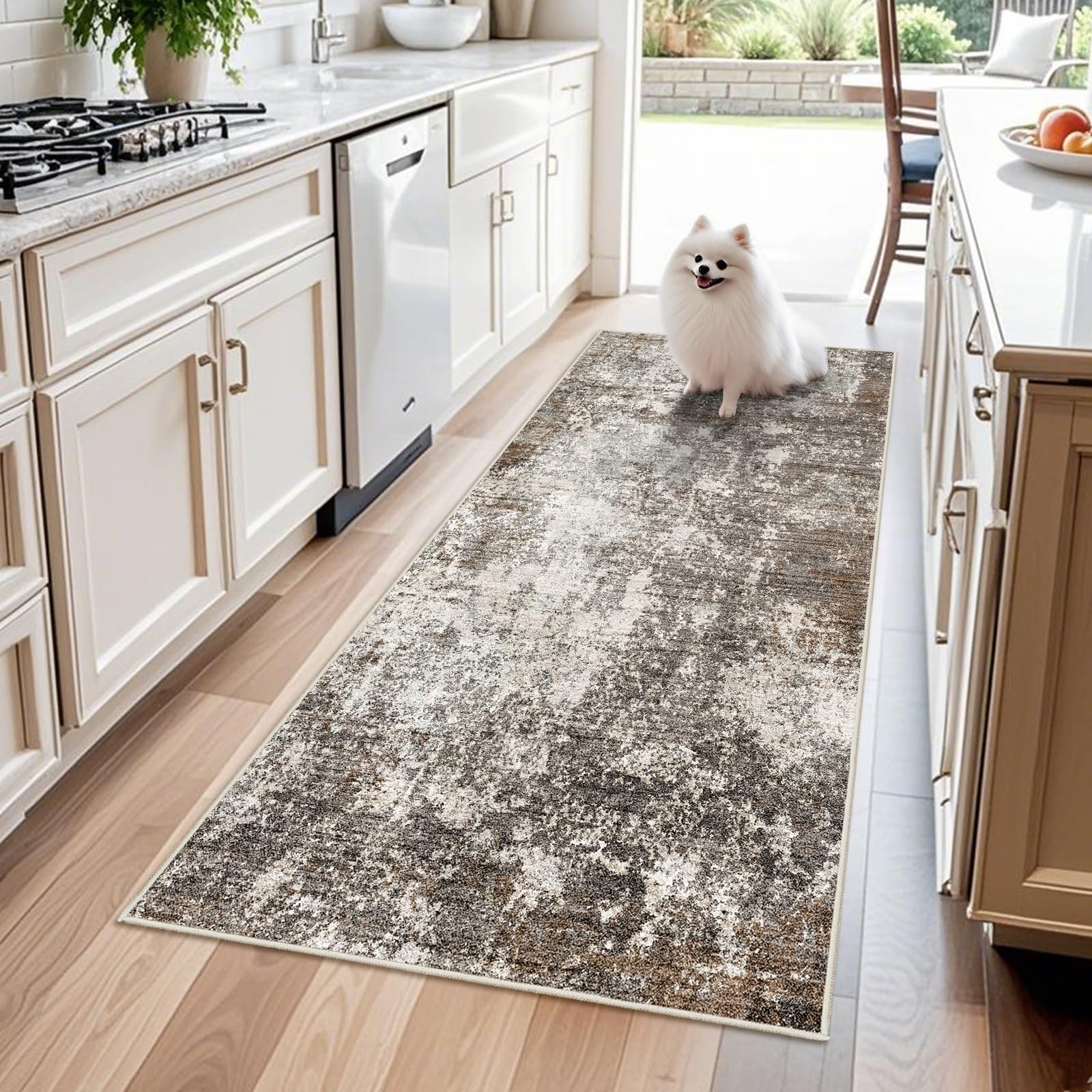 Photo 1 of 3x6 Non-Slip Washable Entryway Rug - Stain-Resistant Low-Pile Thin Wide Carpet Runner for Kitchen, Hallway, Bathroom | Modern Neutral Abstract(Brown Beige,3x6)