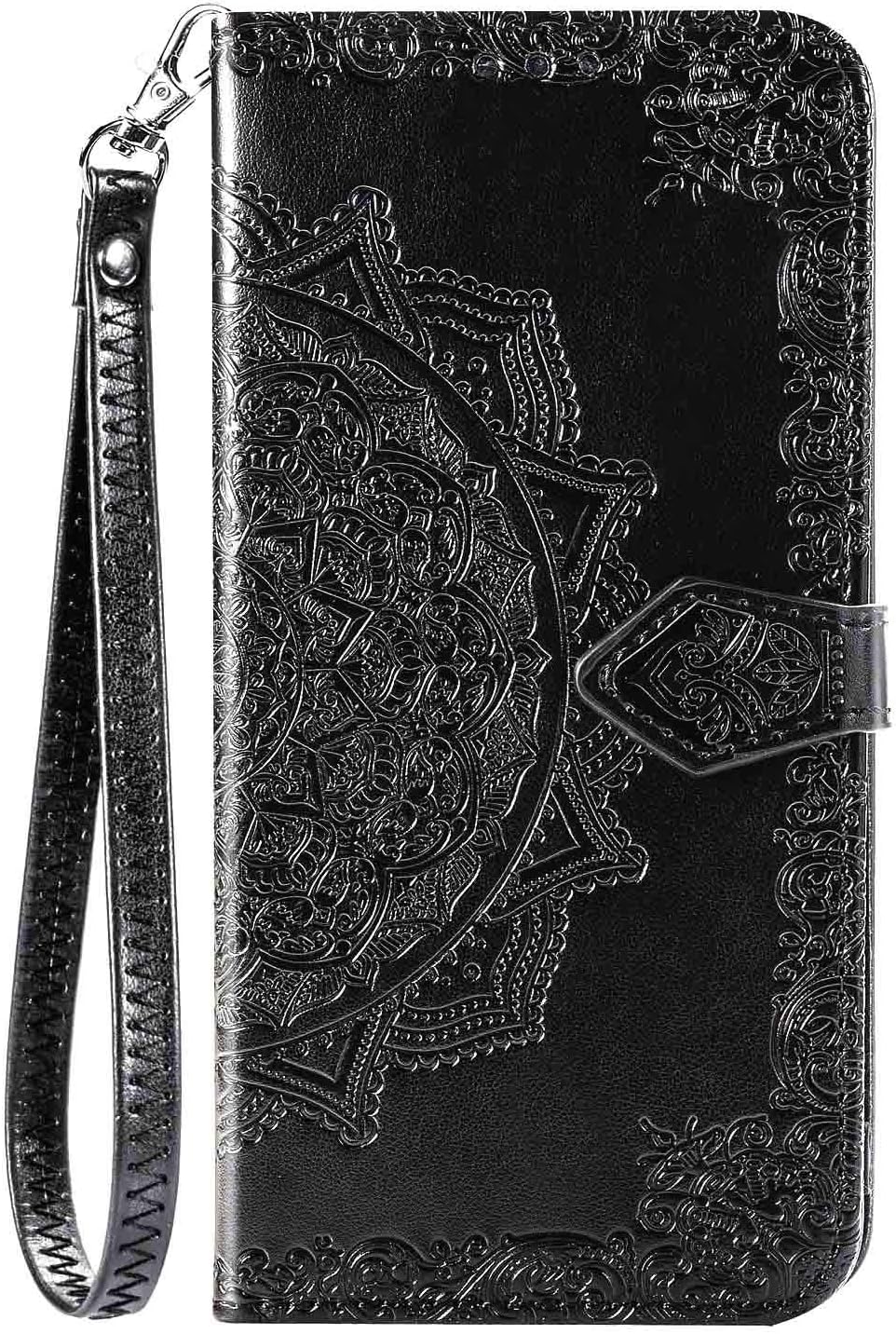 iEugen Compatible with iPhone 12 & iPhone 12 Pro Case,3 Card Slots,1 Note Pockets,Kickstand,Mandala Flower Embossed,Double Magnetic Clasp,Luxury PU Leather Wallet Case Flip Folio Cover,Black