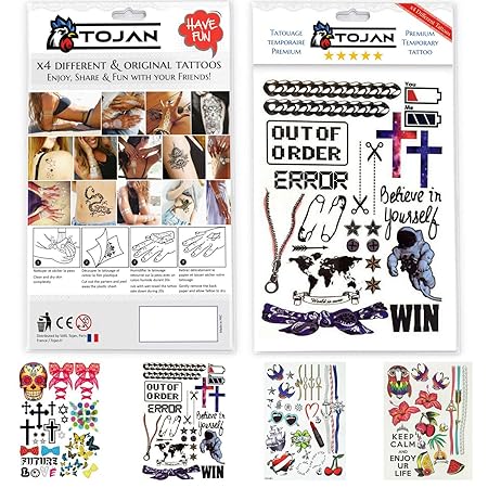 Tojan Temporäres Tattoo für die ganze Familie: Set mit 4 kleinen Tattoo Boards mit verschiedenen Zeichnungen und realistische