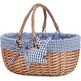 G GOOD GAIN Wicker Picnic Basket with Double Folding Handles,Willow Picnic Hamper,Natural Hand Woven Easter Basket,Easter Eggs and Candy Basket,Bath Storage,Gift Packing Basket.Blue