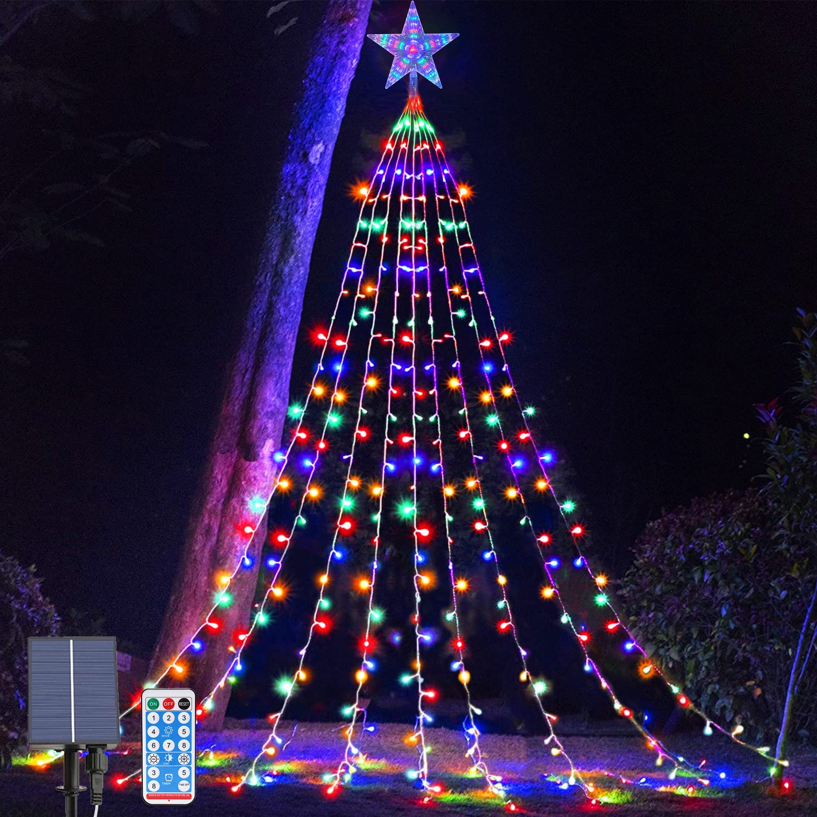 Solar Powered String Lights Waterproof Garden Lights, 2m/6.5ft x 9 Strand 8 Modes Waterfall Tree Lights with Remote, Solar Fairy Lights Outdoor Garden String for Garden, Xmas, Party, Wedding Decor