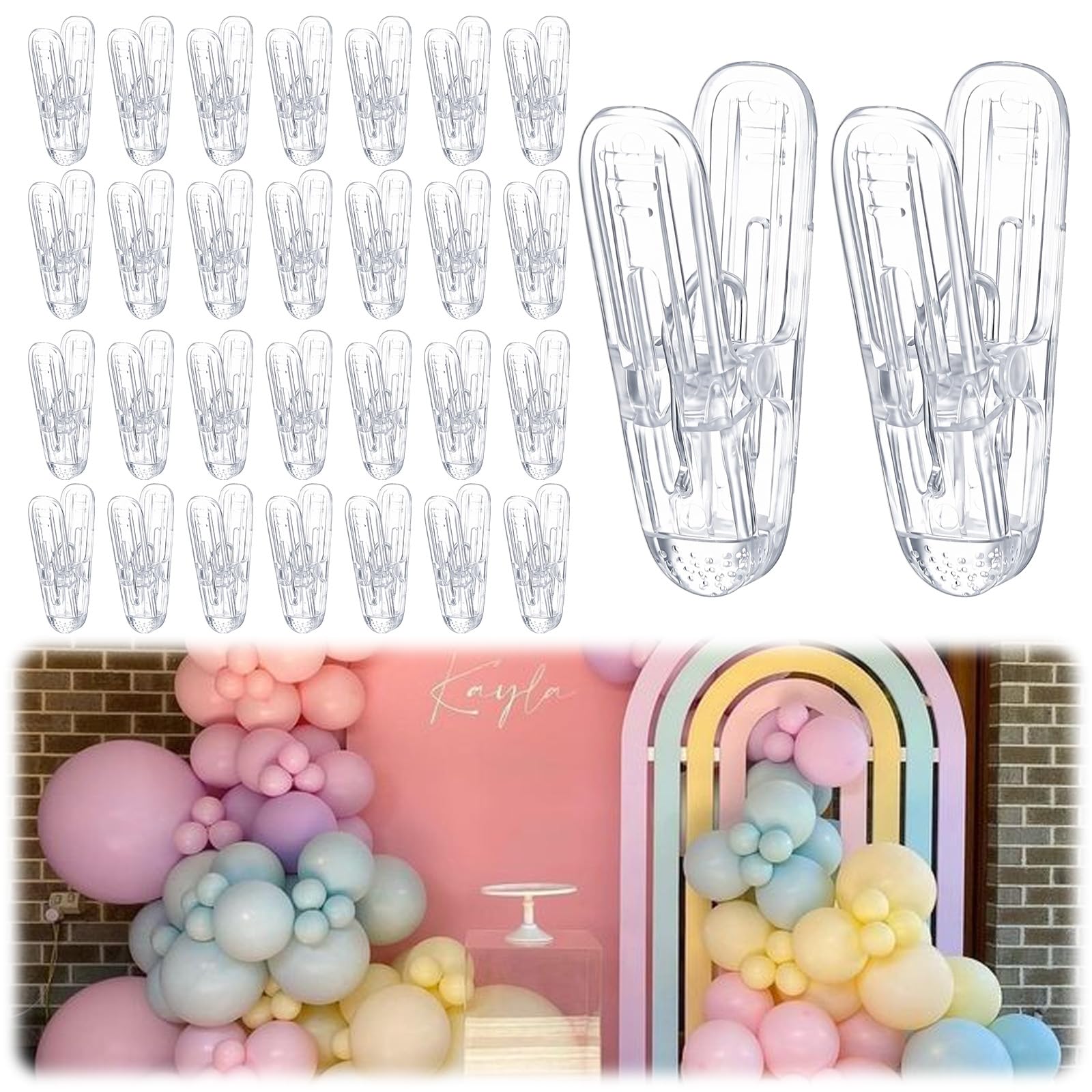Photo 1 of 30 Pack Balloon Arch Clips, Clear Plastic Clamps for Balloon Arch, 2.4'' Heavy Duty Backdrop Garland Clips for Balloons Arch, Birthday Party Decoration, Crafts, Photography Backdrop Props