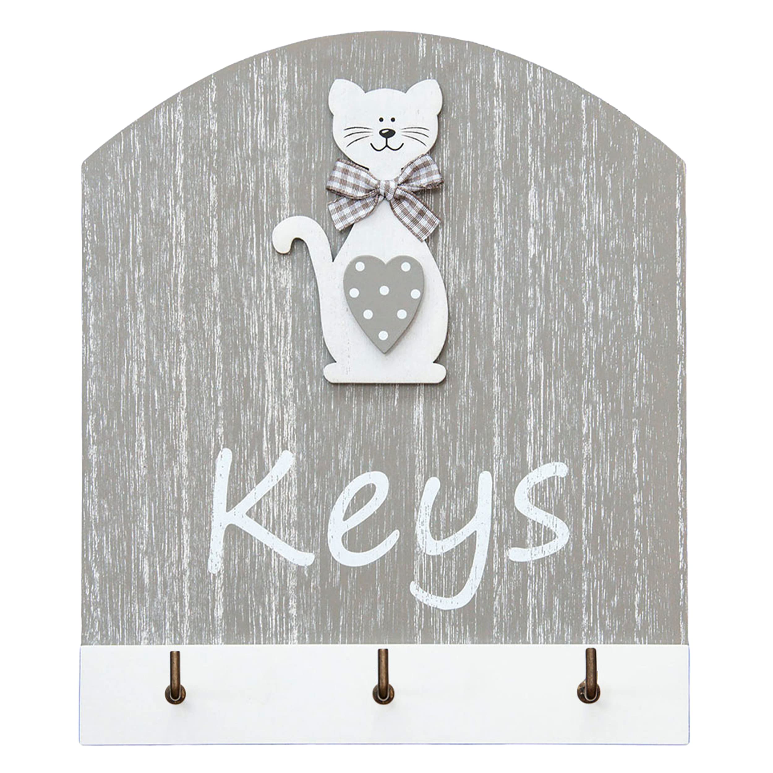SPOTTED DOG GIFT COMPANY Cat Key Holder, Wall Mounted Wooden Key Hanger Rack with 3 Hooks for Entrance Entryway Hallway, Cute Animal Themed Kitchen Home Decor, Gifts for Cat Lovers - Grey