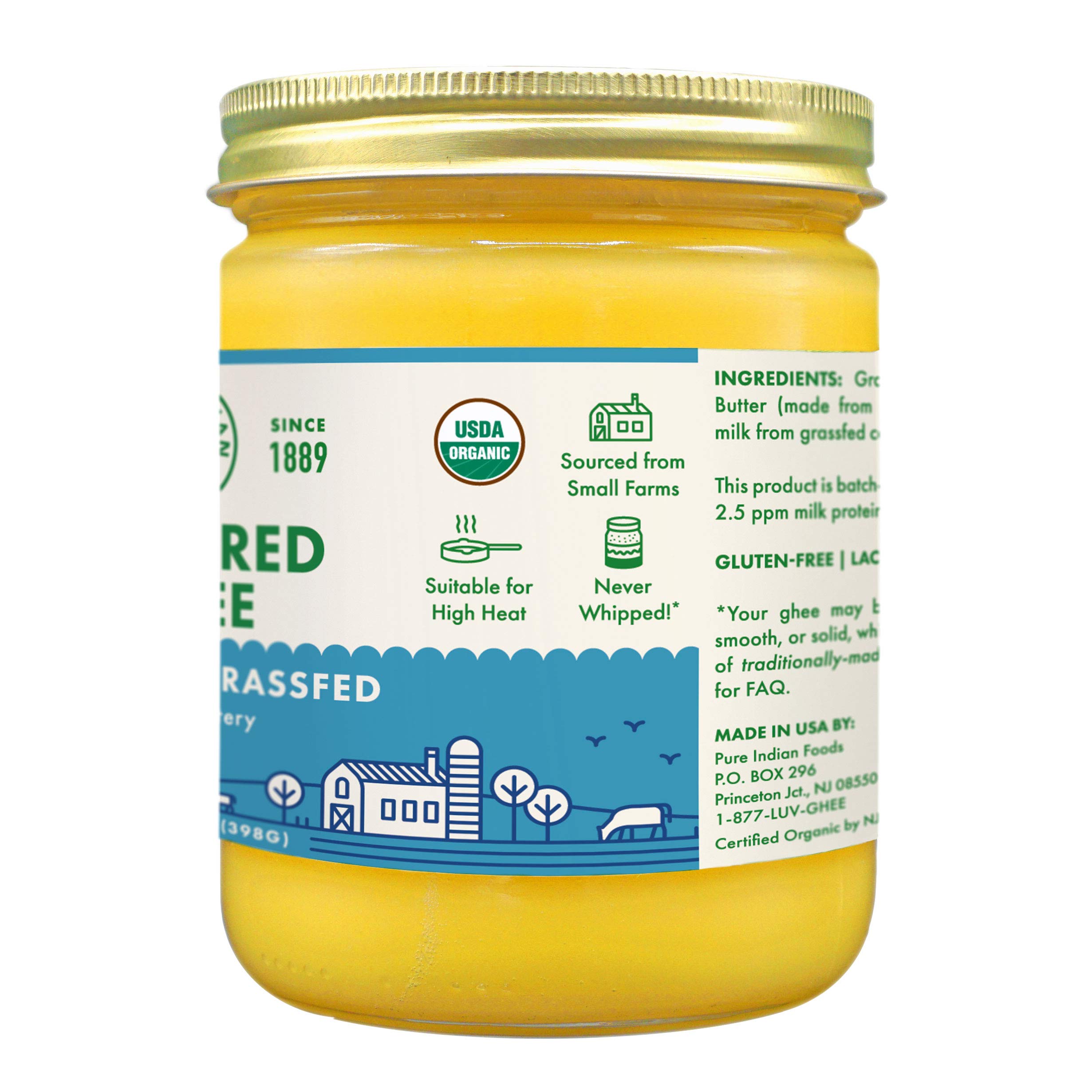 Grassfed Organic Cultured Ghee by Pure Indian Foods ,14 oz, Pasture