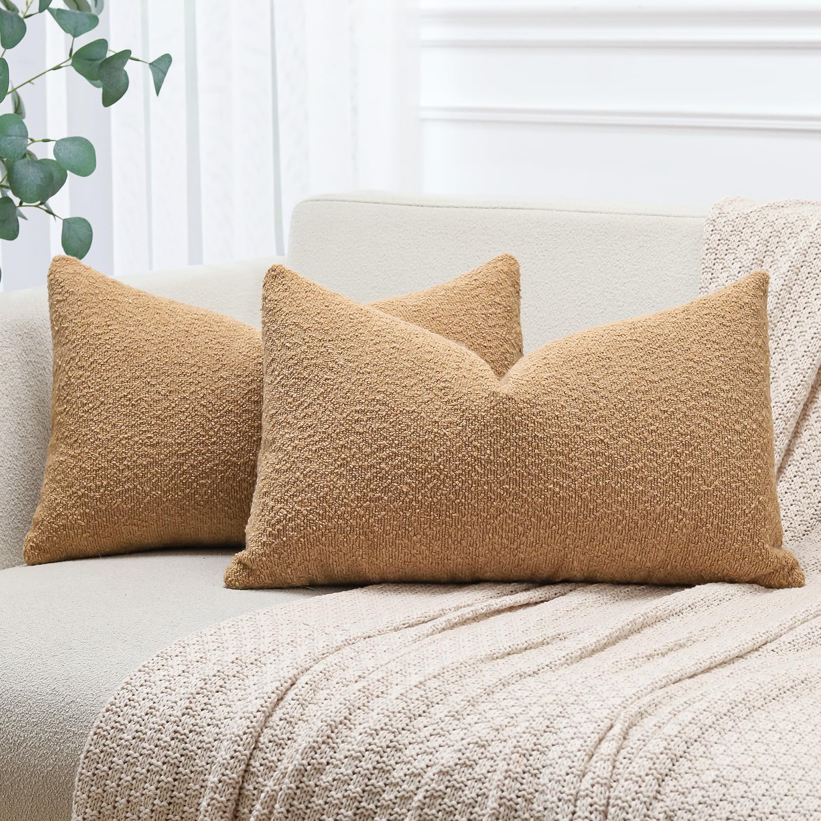 JOTOM Set of 2 Cushion Covers 40x60 cm Textured Boucle Tobacco Decorative Throw Pillow Covers 16x24 Inch Lumbar Cushion Case Home Decor Pillowcases for Couch Sofa Living Room Bed (Tobacco)