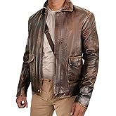 STOREJEES Brown Leather Jacket Men - Vintage Collar Distressed Style Mens Leather Motorcycle Jacket