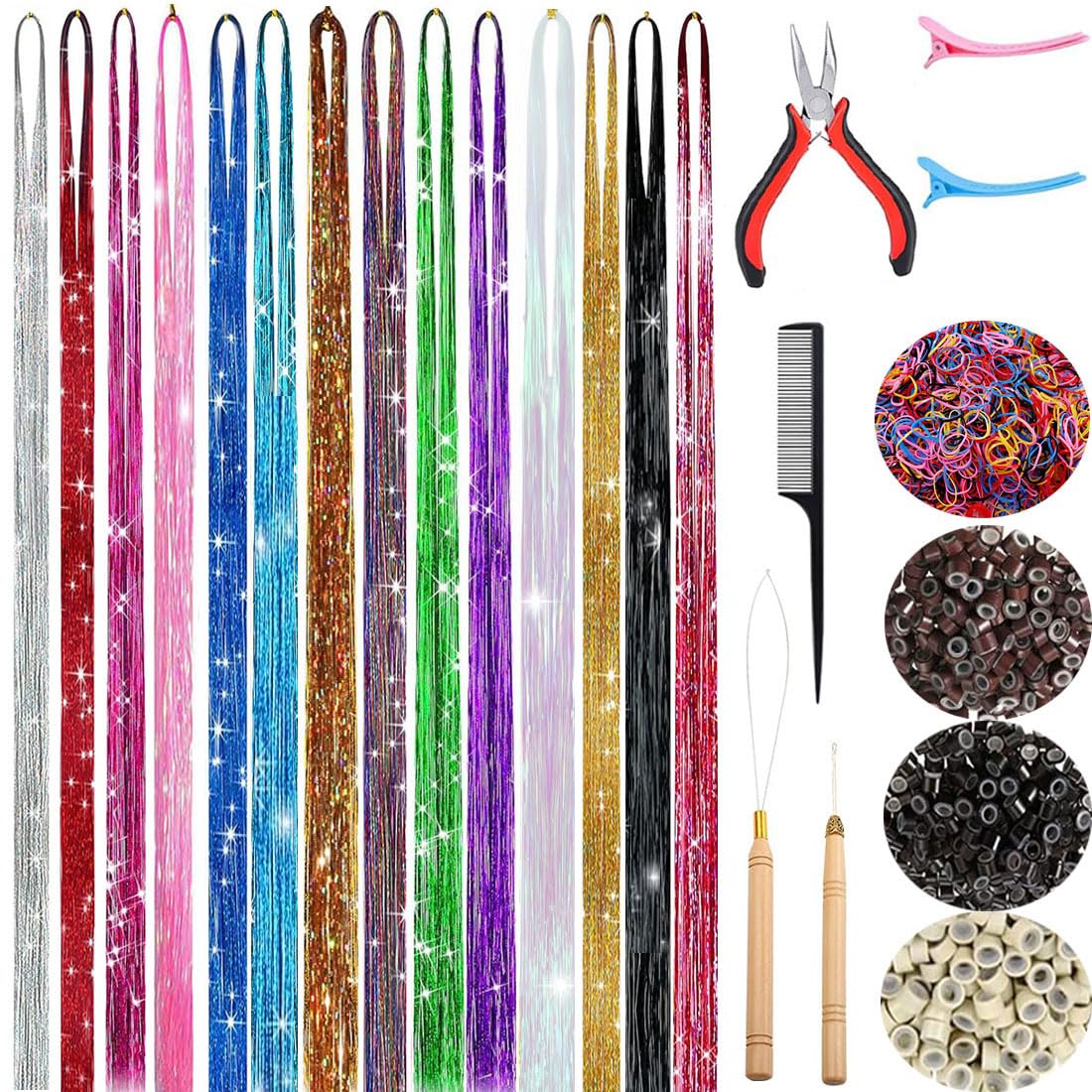Hair Tinsel Kit Fairy Tinsel Hair Extensions with Tools - 14 Color 36 Inch Glitter Hair Tinsel Kit Heat Resistant Accessories for Girls Women Kids Christmas New Year (14 colors, 36 Inch 90cm)