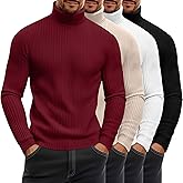 August Alley 4 Pack Men's Ribbed Turtleneck Shirts, Cotton Long Sleeve Slim Fit Mock Neck Tops Lightweight Pullover Sweaters