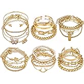 17IF 24-25 Pcs (6 Pack) 14K Gold Ankle Bracelets Set for Women Boho Stackable Bangles Cuff Charm Chunky Wrist Jewelry