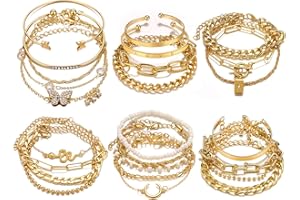 17IF 24-25 Pcs (6 Pack) 14K Gold Ankle Bracelets Set for Women Boho Stackable Bangles Cuff Charm Chunky Wrist Jewelry