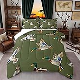 jejeloiu Cute Mallard Duck Comforter Set Twin Size Kids Wild Duck Hunting Comforter for Boys Teens Hunting and Fishing 3D Wild Animal Bedding Set Green Duvet Set Room Decor Quilt Set