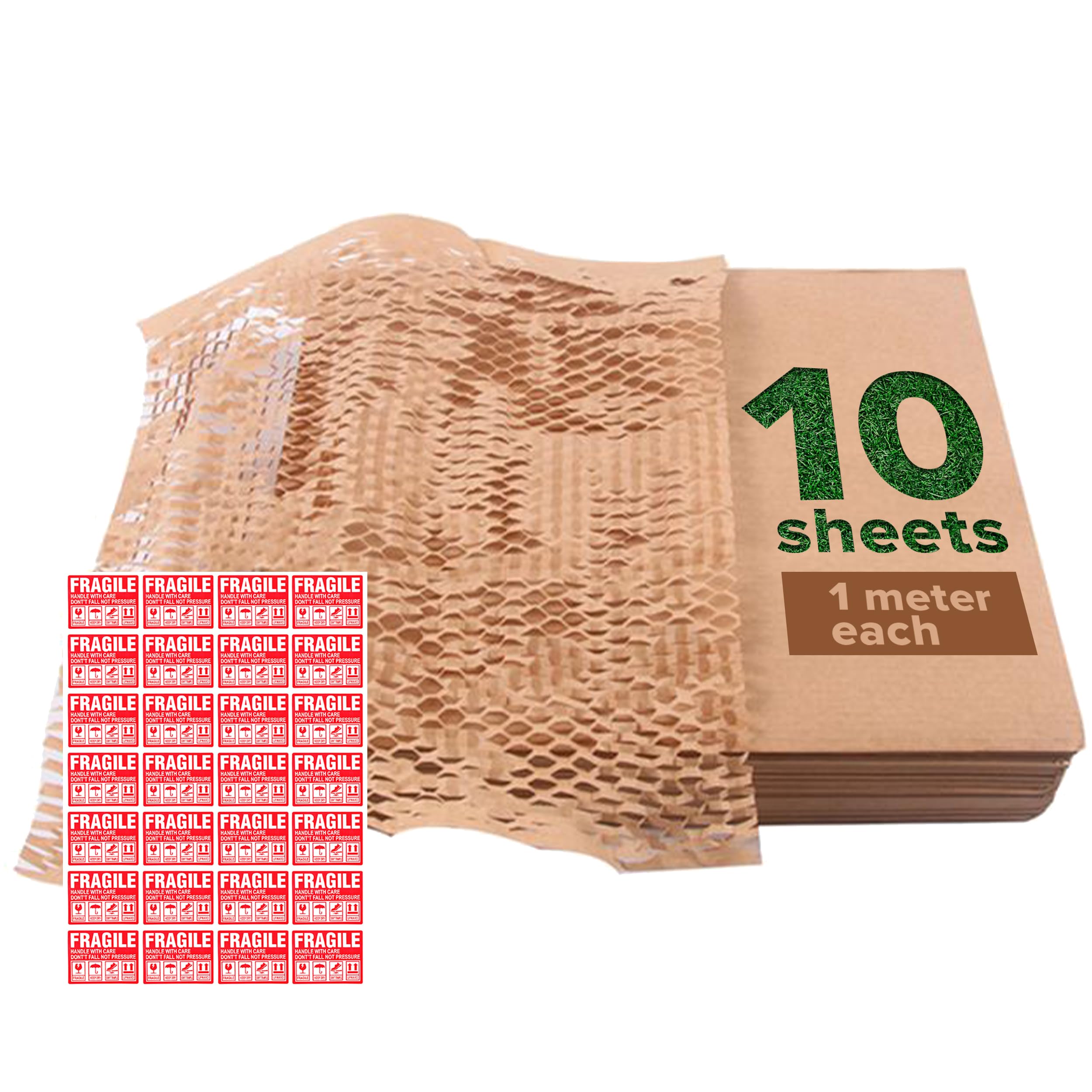 Honeycomb Paper Packaging Sheets with Fragile sticker for Moving Delicate Items, Shipping, No need to cut, Bubble Wrap Alternative, Biodegradable Cushioning Wrap, 10 sheets, Each sheet 1 m X 38 cm