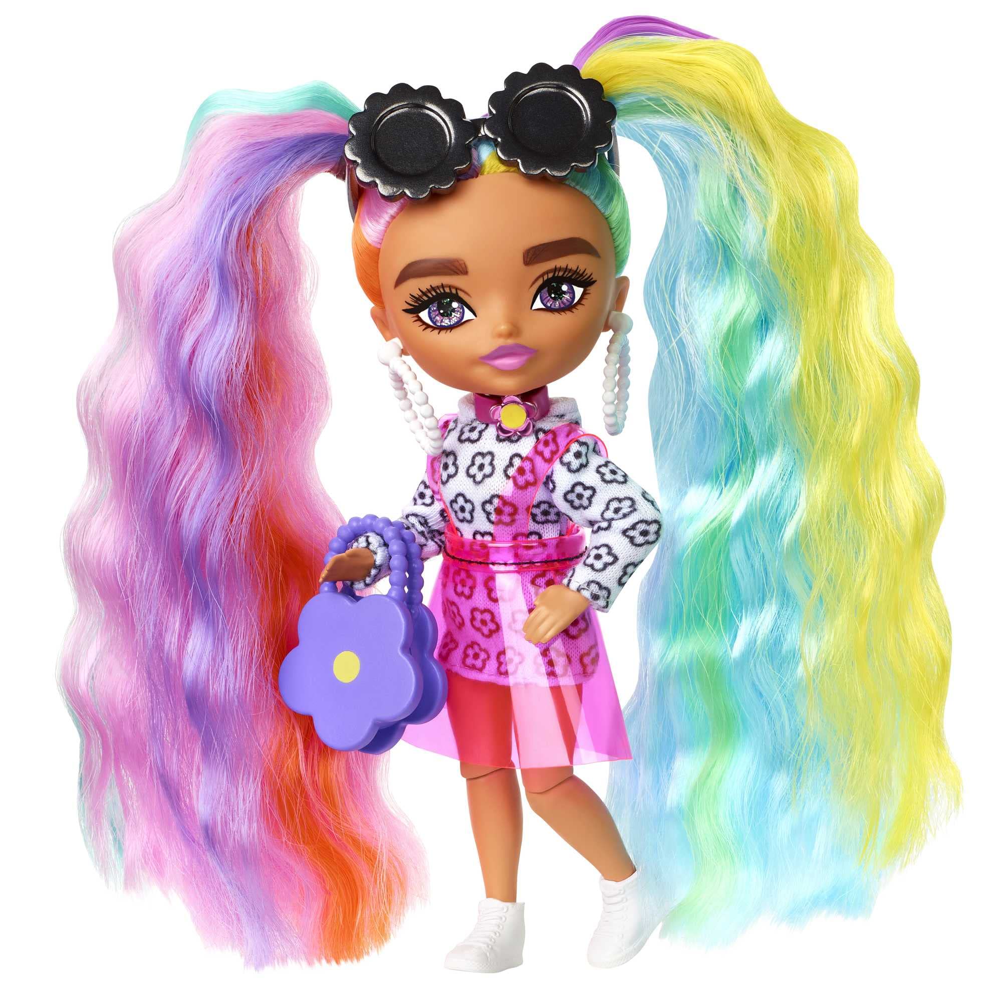 Barbie Extra Minis Doll #6 (5.5 in) With Rainbow Hair, Wearing Flower Print Dress, with Doll Stand & Accessories Including Sunglasses and Purse, Gift for Kids 3 Years Old & Up​