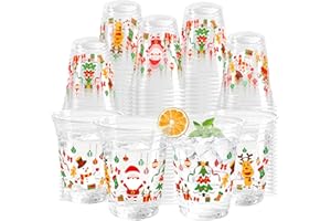 KOPOOEOE 100pcs Christmas Clear Plastic Cups 12 Oz Merry Christmas Disposable Cups Party Decorations Xmas Tree Reindeer Santa