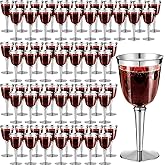 Yoande 100 Pack Rimmed Disposable Plastic Wine Glasses Bulk 8 Oz Elegant Fancy Wine Cups Stemmed Wine Glasses Clear Cocktail Cups with Long Stem for Party Wedding Anniversary Birthday (Silver)