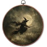 RWWNONW Halloween Gothic Witch Flying Vintage Round Wall Art Decor | Framed 10x10 Inch flying witch print, Halloween wall decor for bedroom, bathroom, hallway, living room, or gallery wall
