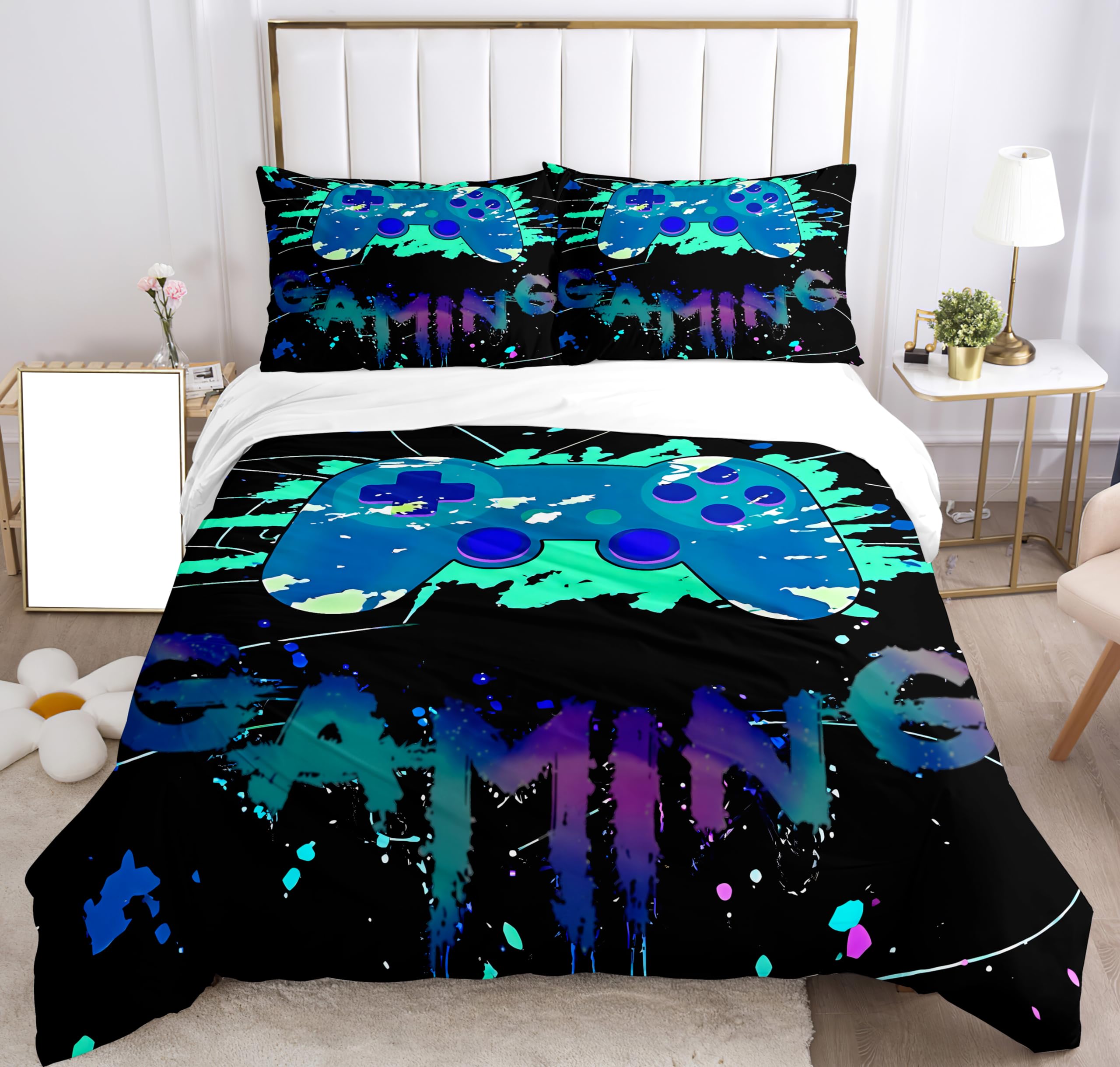 SHUAIG Children's Gamepad Bed Linen Set, Boys' Gamepad Bedding Set, 3D Effect Gamepad Print, Microfibre Duvet Cover and Pillowcase 65 x 65 cm (Colourful, 200 x 200 cm), YXJBT-+652