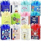 MUMULULU 12 Pack Birthday Gift Bags with Ribbon Handle and Tissue Paper Funny Happy birthday Gift Bags for Birthday Gift Wrapping Presents