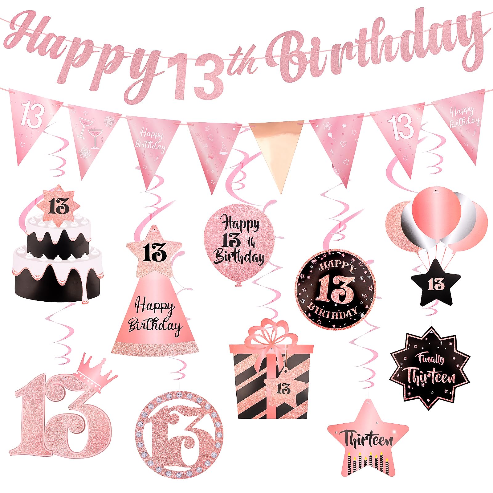 Photo 1 of 13th Birthday Decorations for Girls Set - Hapdoo Happy 13th Birthday Banner Triangle Flag Hanging Swirls Streamers for Girls Party Decorations Supplies, Rose Gold