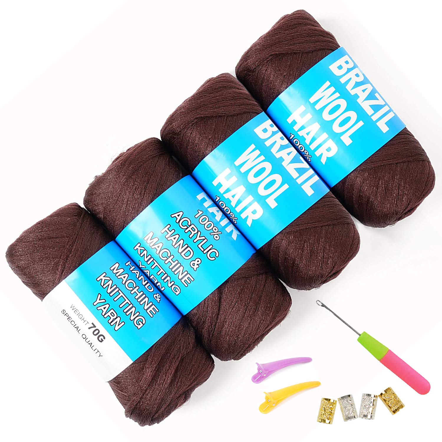 Photo 1 of 100% Brazilian Wool Hair Acrylic Yarn for African Braids/Senegalese Twist/Faux Locs/Wraps and Crochet Hook(4 Roll,Coffee Brown)