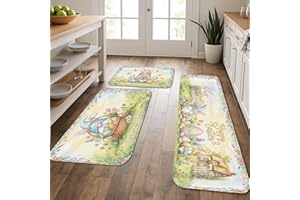 Fanciful Easter Kitchen Mats for Floor, Pastel Bunny and Egg Decor, Spring Cushioned Comfort Washable Non Slip Rugs for Kitch