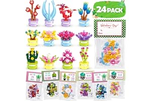 Qinline 24 Pack Valentines Day Gifts for Kids, Succulents Plants Building Blocks Kit With Valentines Cards for Kids School Classroom, Valentines Gifts Exchange for Boy Girl, Valentine Party Favor Toy