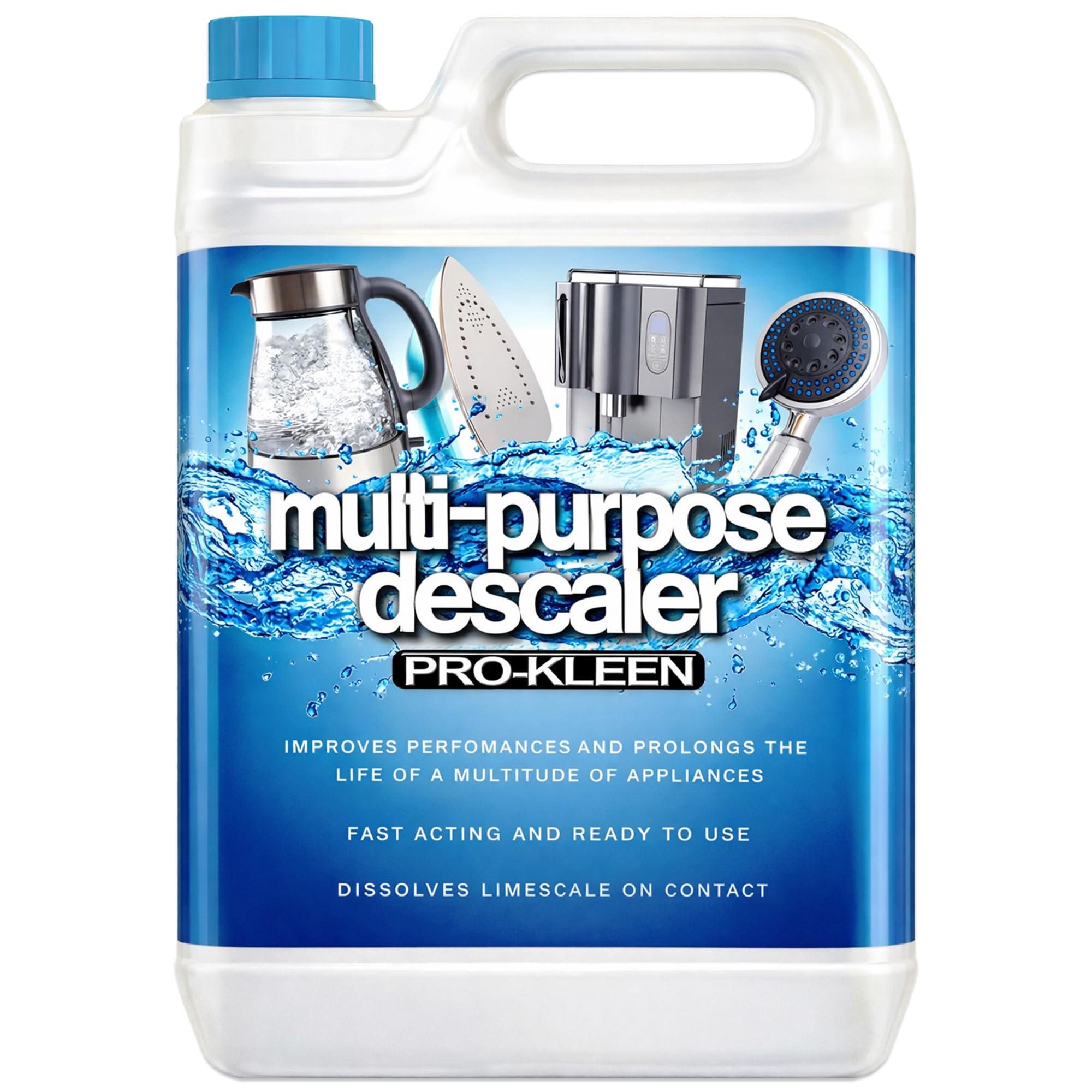 Pro-Kleen Descaler Liquid Multi-Purpose Descaler, Fast-Acting Concentrate & Dissolves Limescale, Optimises Performance & Prolongs Life of Coffee Machine, Kettle, Iron, Shower heads, Taps and More 5L