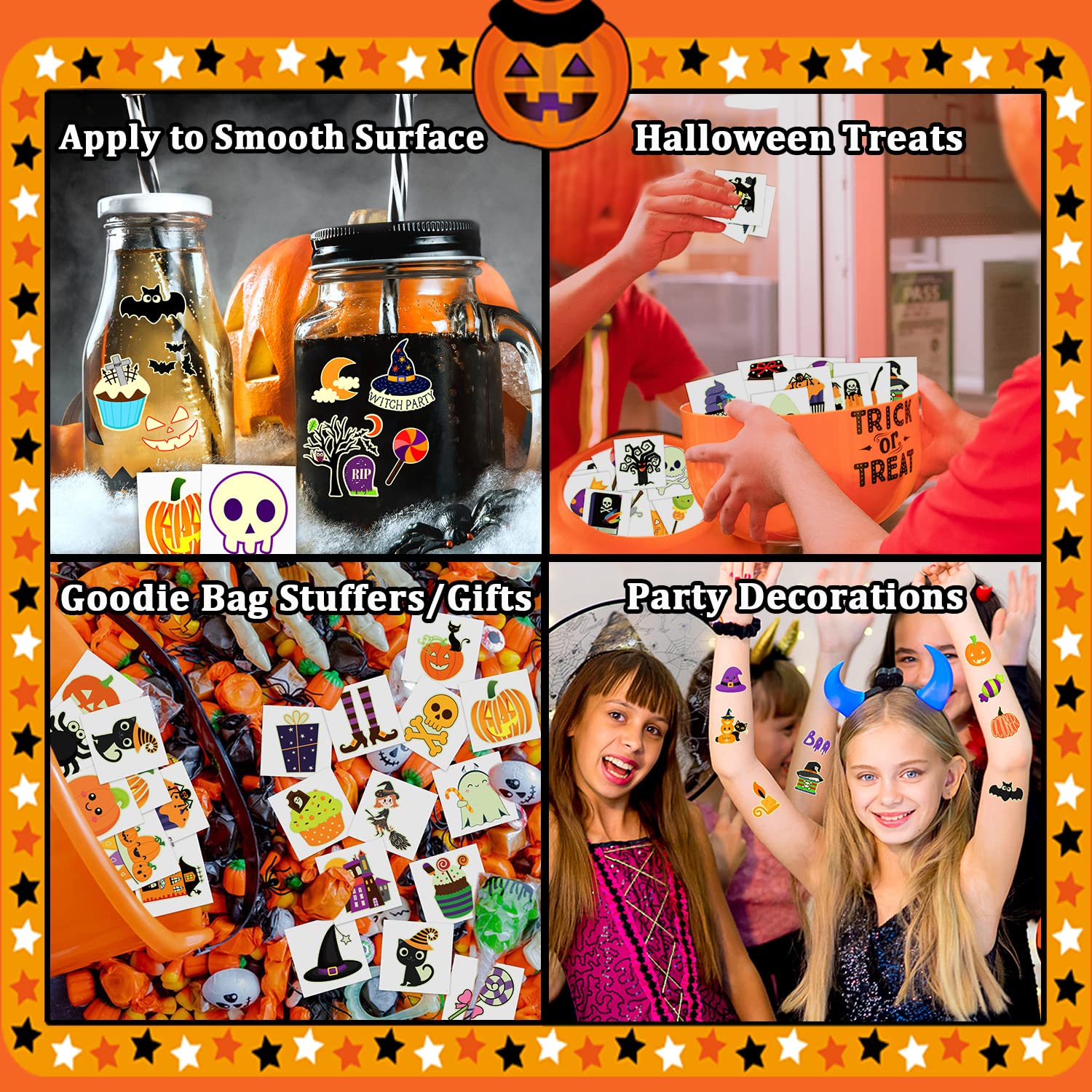 PARTYWIND 204 PCS Individually Wrapped Sheets Glow Halloween Tattoos for Kids Party Decorations, Luminous Pumpkin Tattoo Stickers, Kids Halloween Treats, Party Supplies