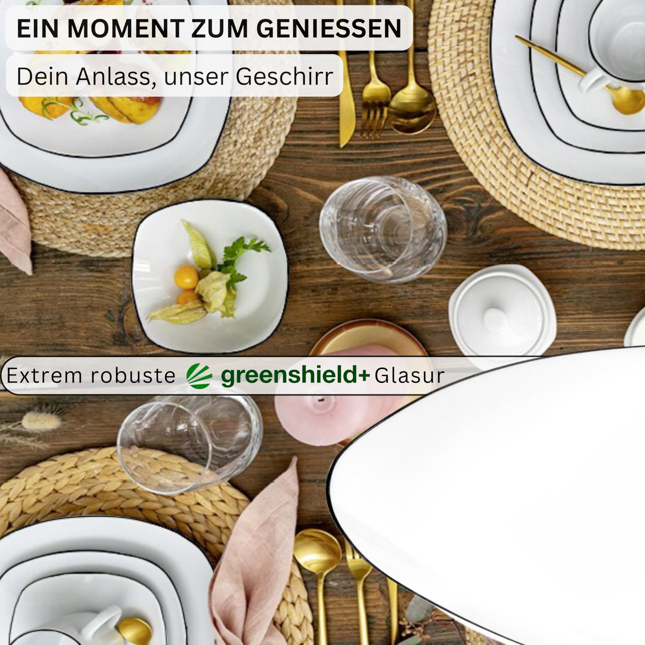 SÄNGER | Teller Set Bilgola Black Rim 18 tlg, Porzellan Geschirrset 6 Personen Tafelservice Spülmaschinenfest, Essgeschirr mit Flachen & Tiefen Tellern mit Schwarzen Akzenten | PREMIUM COLLECTION 4