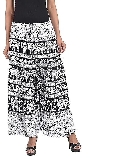 Women's Cotton Regular Fit Jaipuri Printed Palazzo Pant (Black, Free Size)